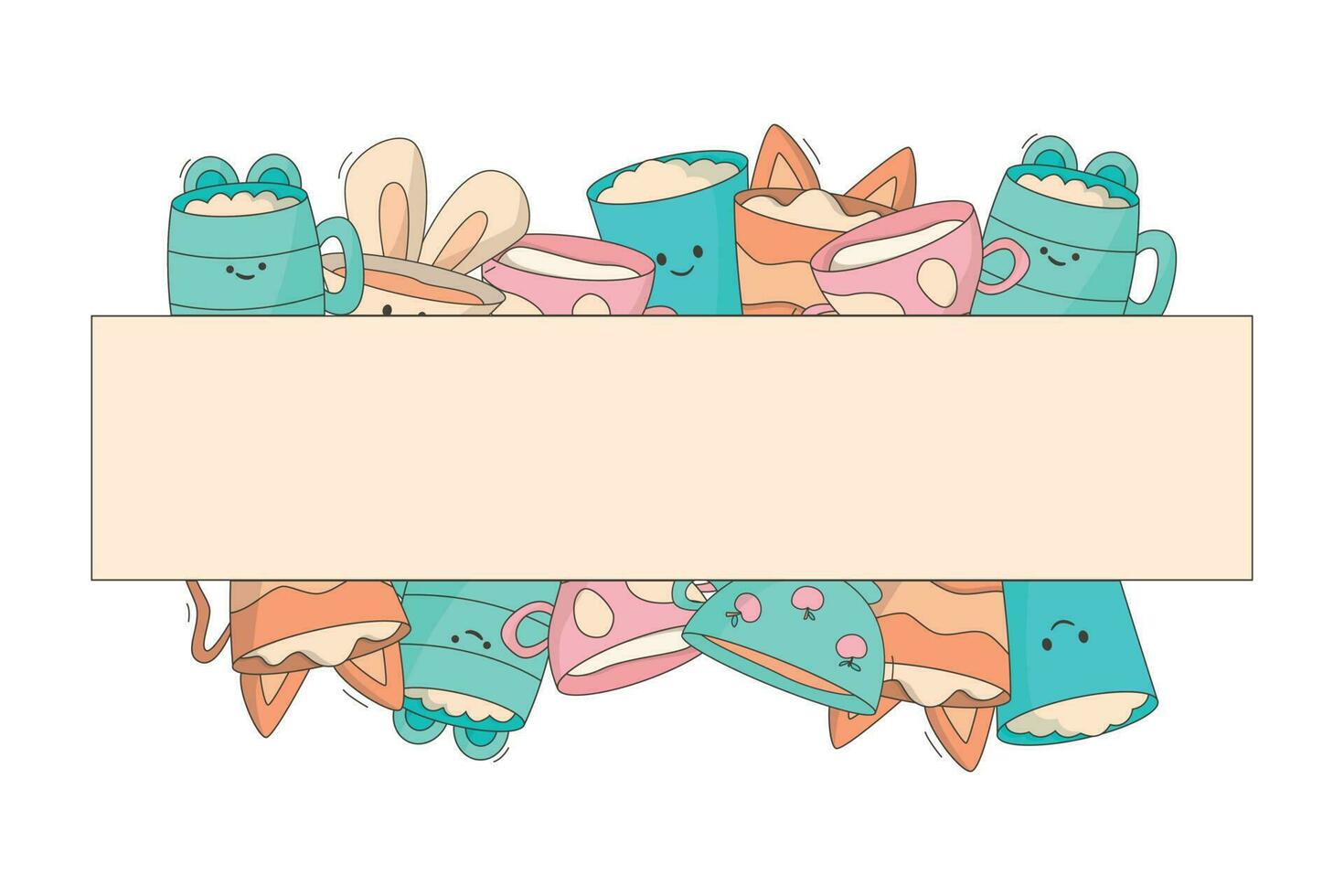 Cartoon template, frame of tea or coffee cups in doodle style. Vector kids cute banner.