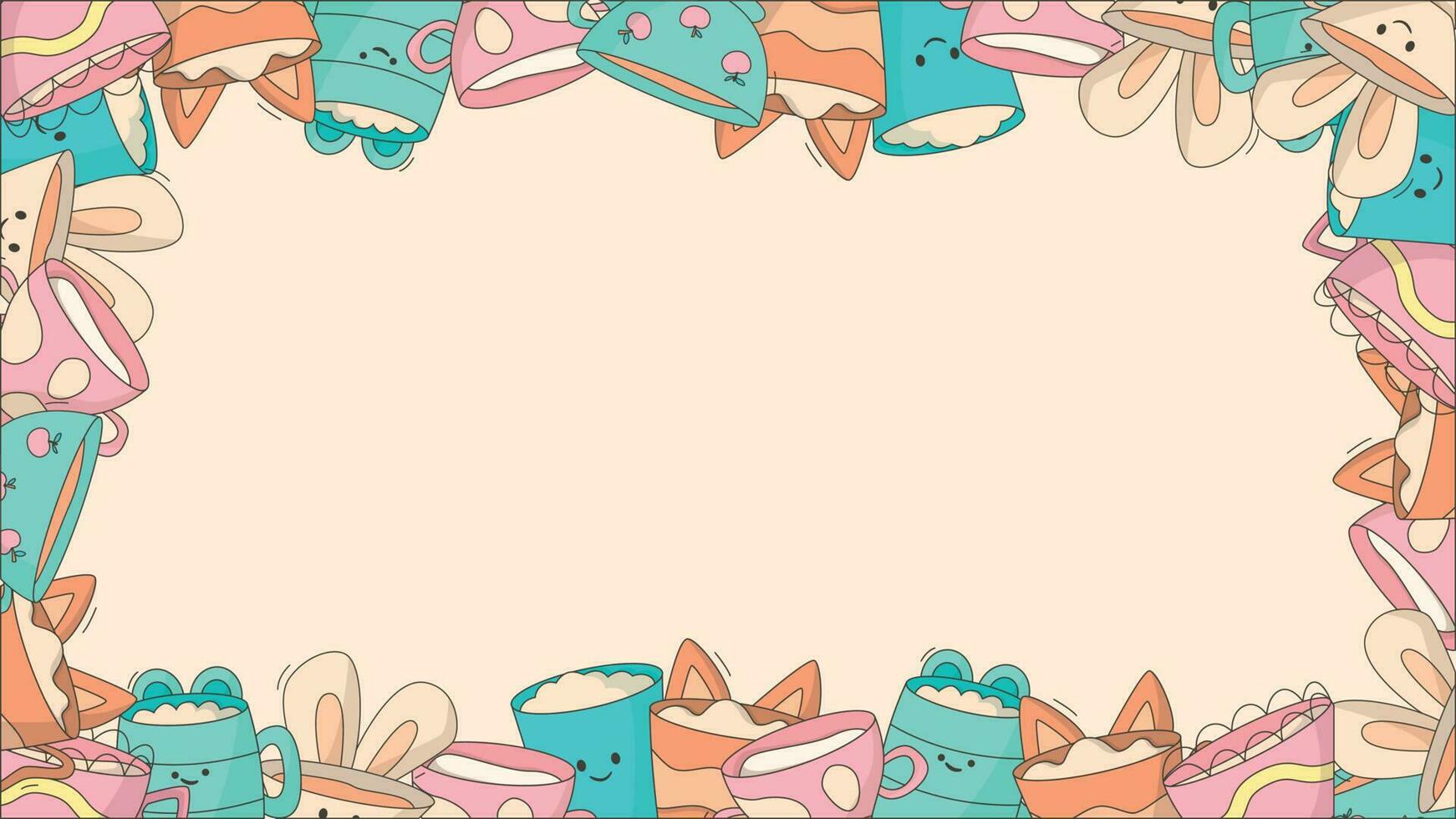 Cartoon Frame of Tea or Coffee Cups in doodle style. Vector kids cute banner.