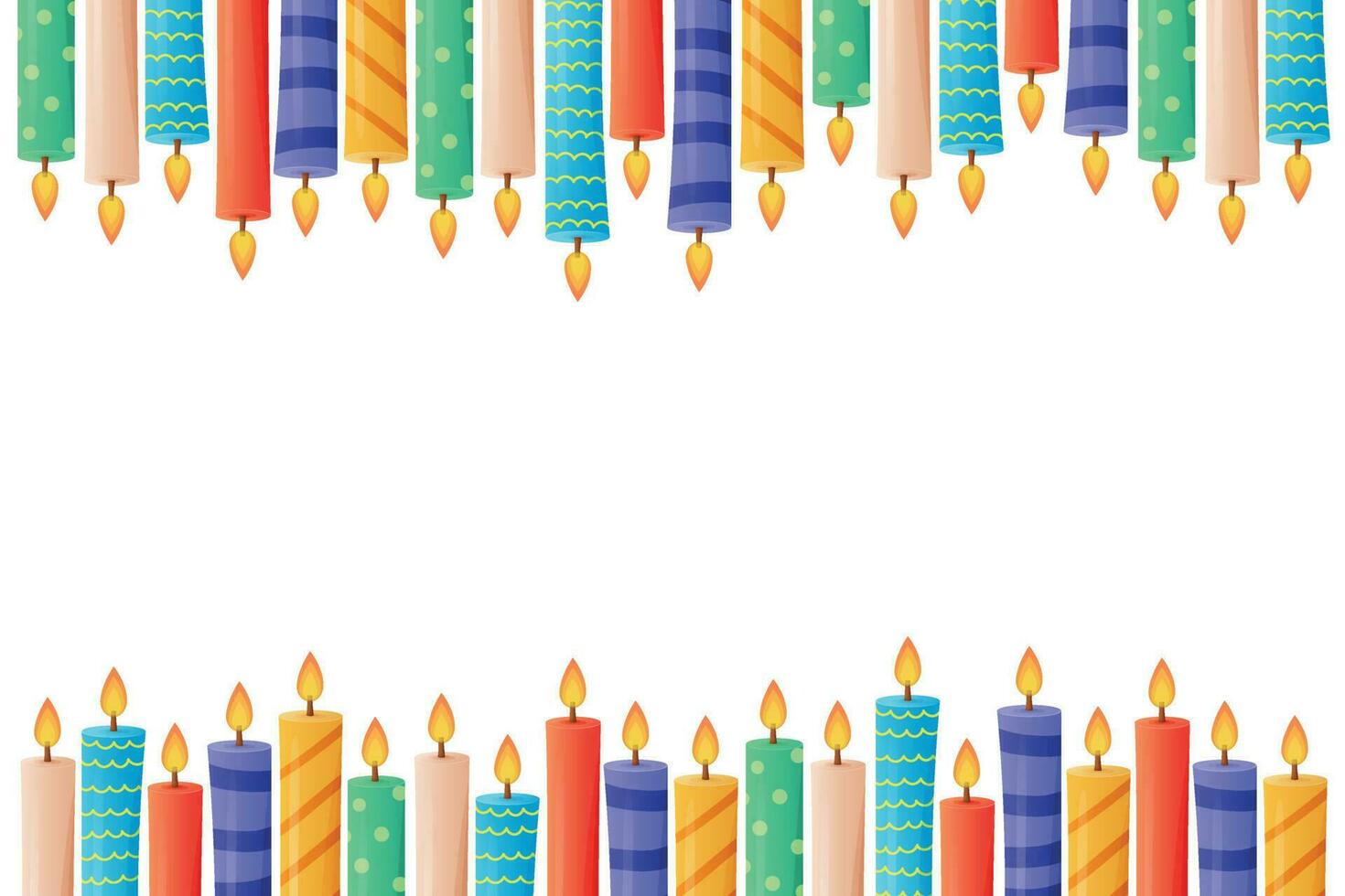 Horizontal Frame of festive colorful wax candles with fire. Vector cartoon gift background or banner.