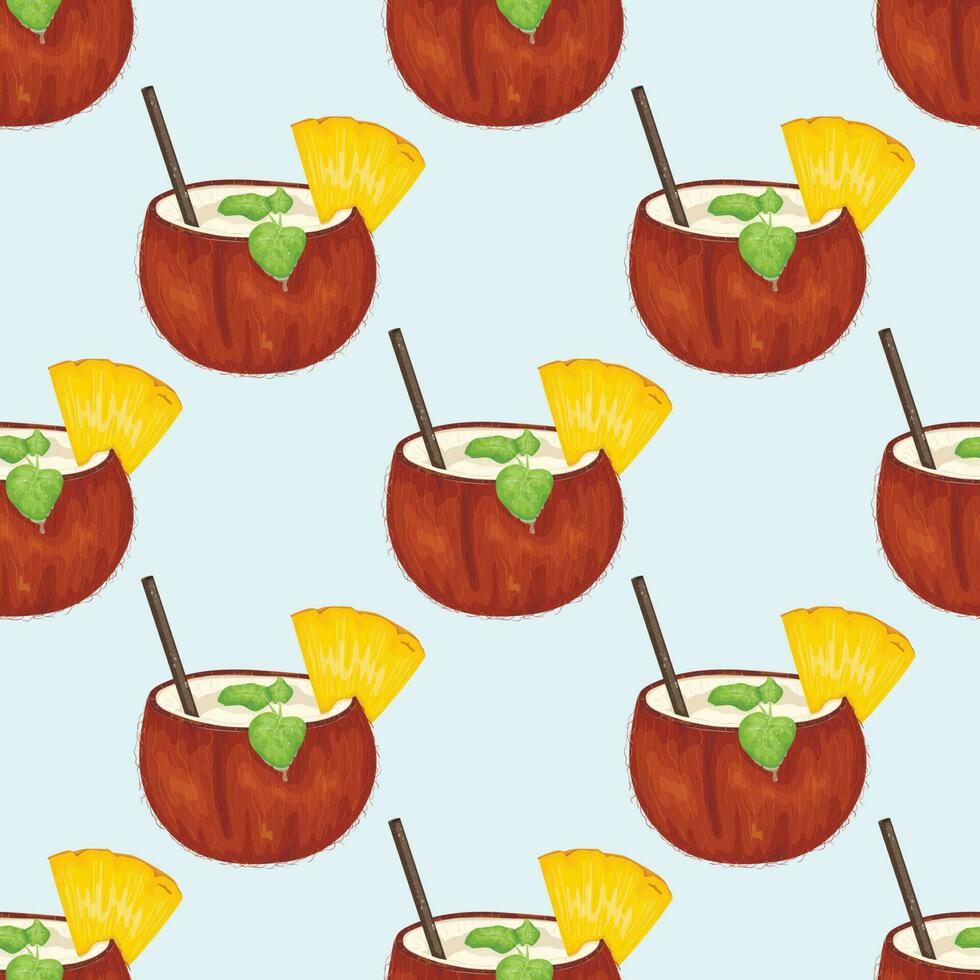 Vector seamless summer pattern. Broken coconut cocktails with pineapple slice, mint leaves and drinking straw. Refreshing tropical fruit, coconut water, or milk.