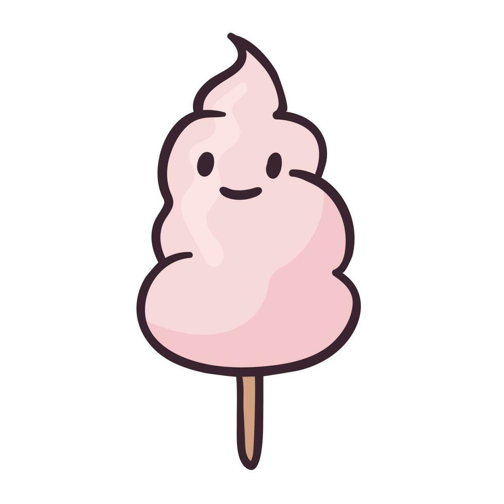 Cute isolated vector illustration. Doodle sticker of ice cream or cotton candy on a stick with a face and a smile. Children icon of trendy sweets in line art style.