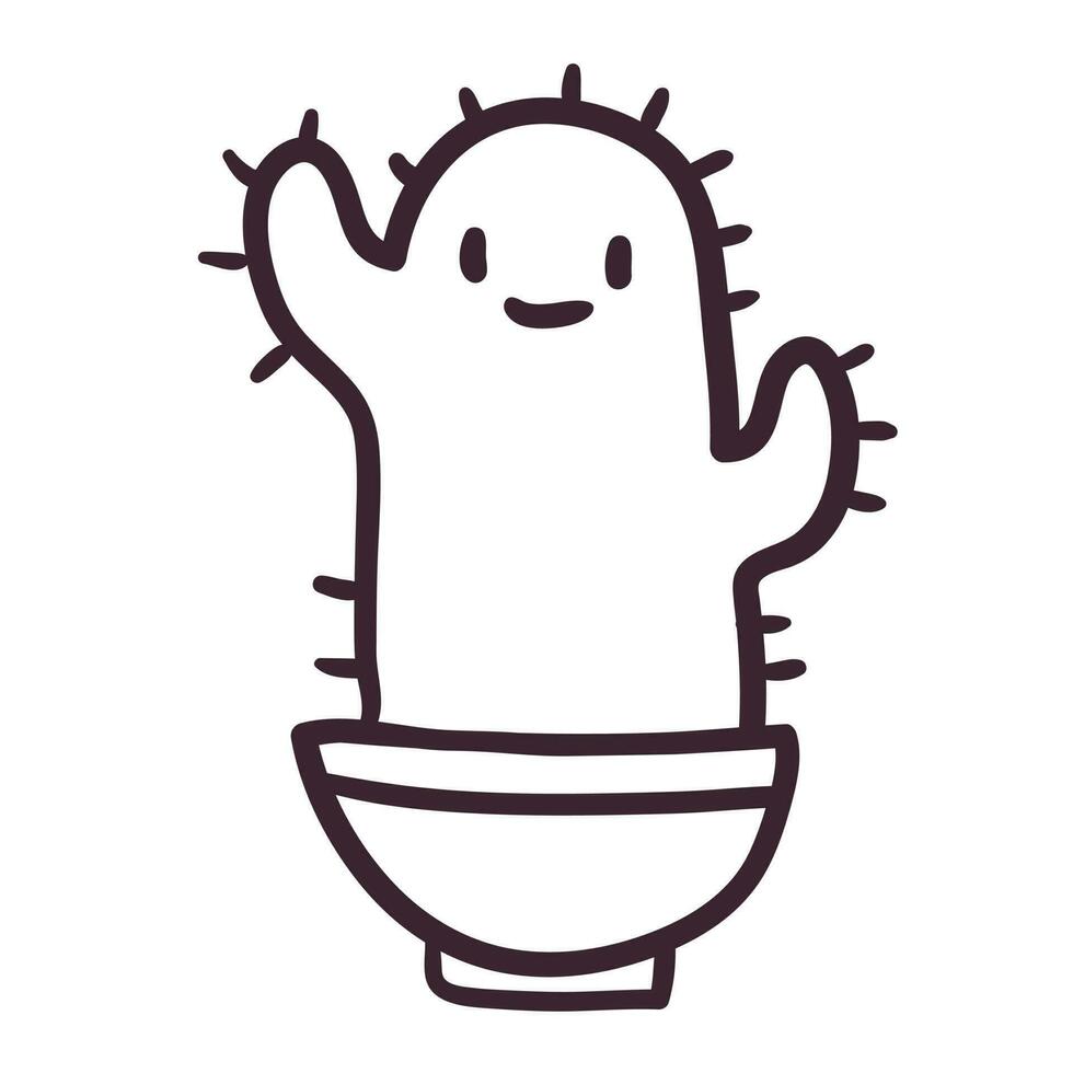 Cute isolated vector illustration. Doodle sticker of a cactus in a pot with a face and a smile. Children icon of a trendy plant in line art style.