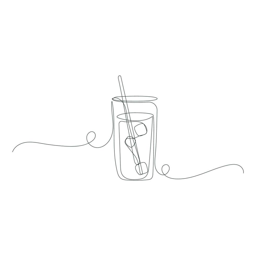 Continuous line drawing of Glass with lemonade, ice and a straw for drinking. One line art drawing. Vector illustration isolated on white