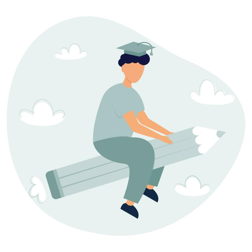 Student boy sitting on the rocket pencil. Graduate Young man flying in the clouds on the huge pencil. Flat vector illustration