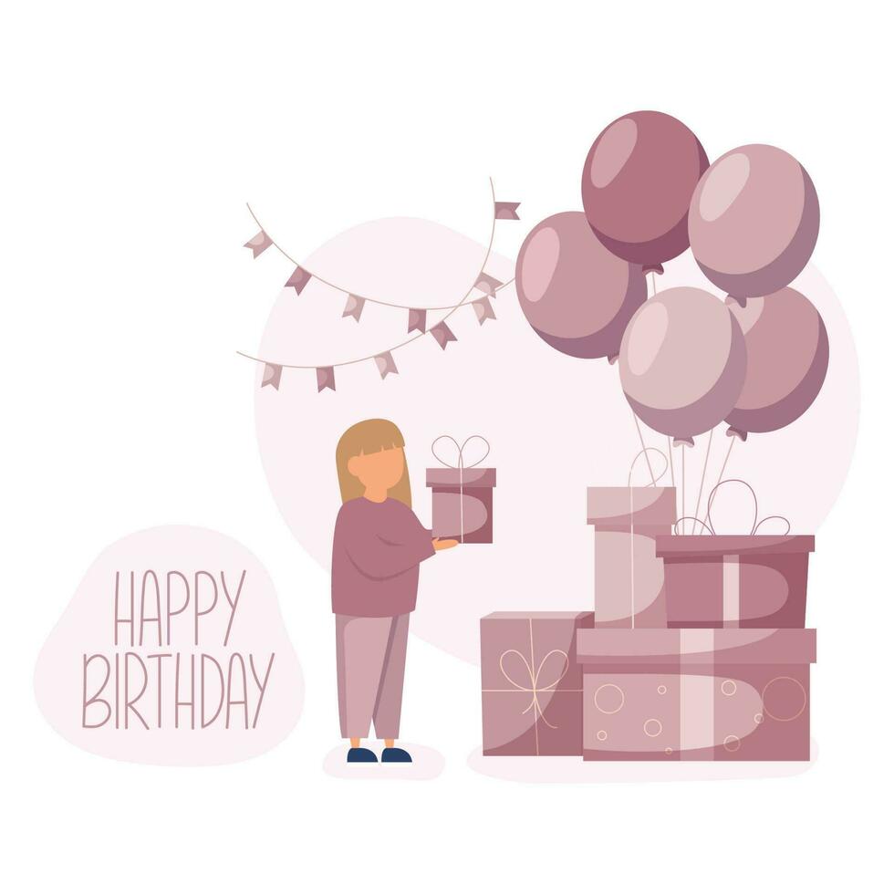 Happy birthday concept. Little girl celebrating her birthday, standing near a lot of gift boxes, balloons, holding little gift box. vector