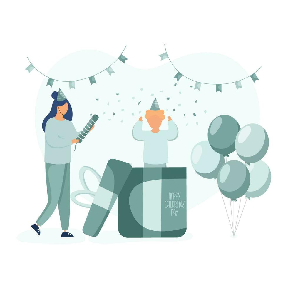 Mom make a birthday party for her son with confetti, balloons. vector