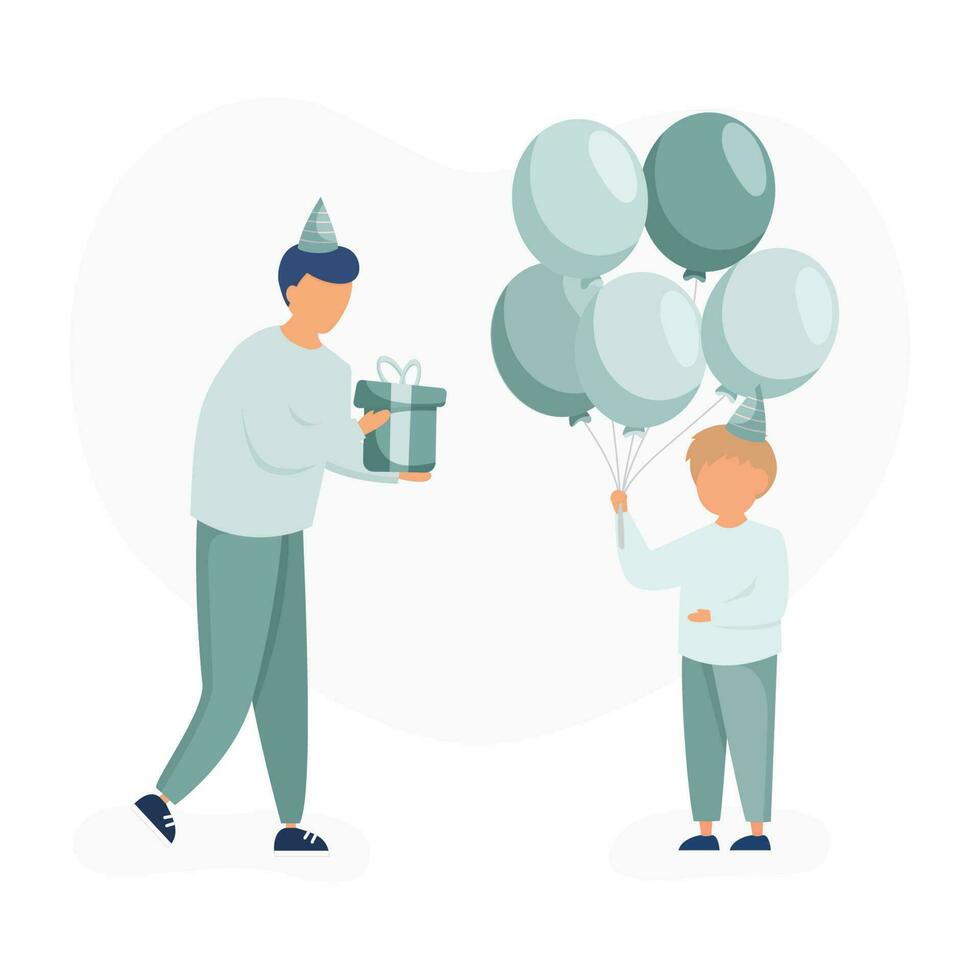 Little boy celebrate his birthday party standing with balloons. vector