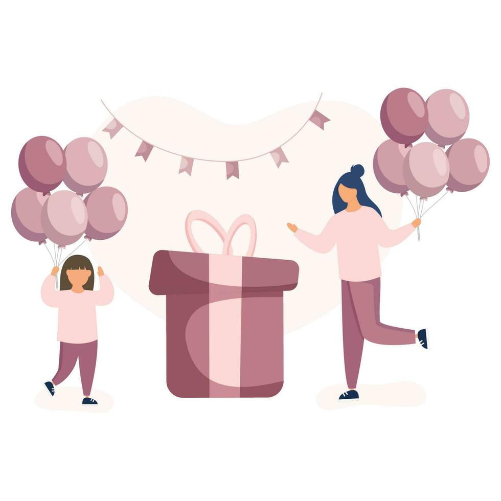 Girl and mom standing near huge gift box, jumping with balloons. vector