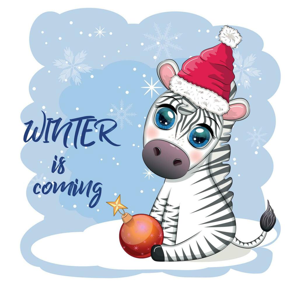saludo tarjeta con linda cebra en Papa Noel sombrero con Navidad pelota, caramelo Kane, regalo. fauna silvestre Días festivos dibujos animados personaje. vector