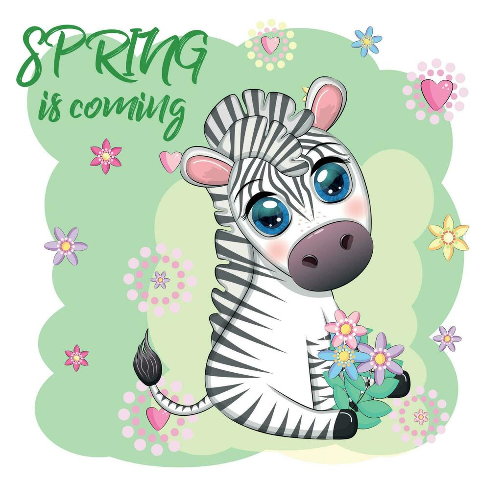 Striped zebra in a wreath of flowers, with a bouquet. Spring is coming vector