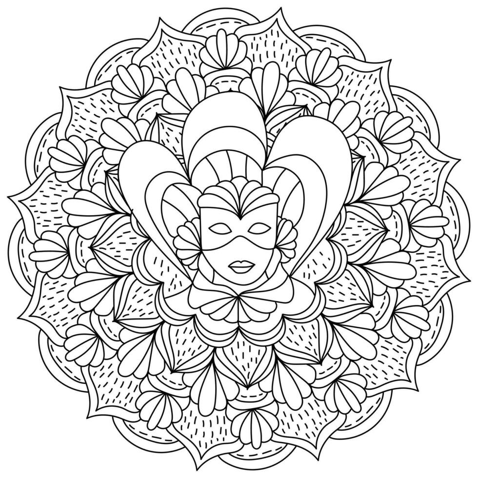 Mardi Gras mandala coloring page for holiday creativity, masquerade mask with high collar and ornate patterns vector