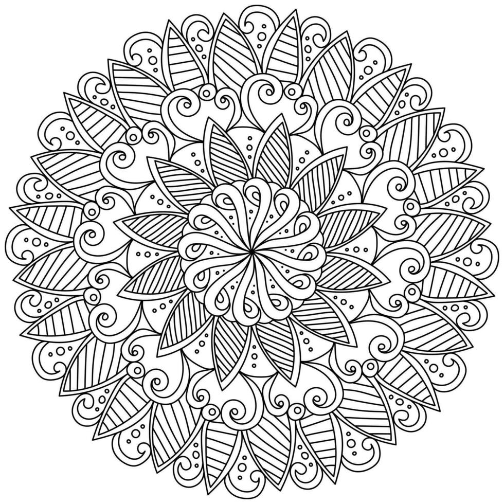 Mandala with striped petals and spiral swirls, meditative coloring page for creativity vector