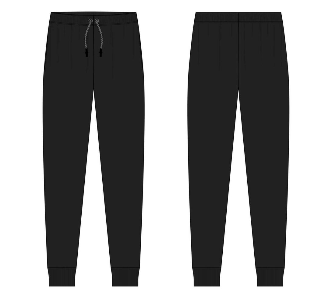 Jersey jogger pants Technical drawing fashion flat sketch vector illustration black color template front and back views
