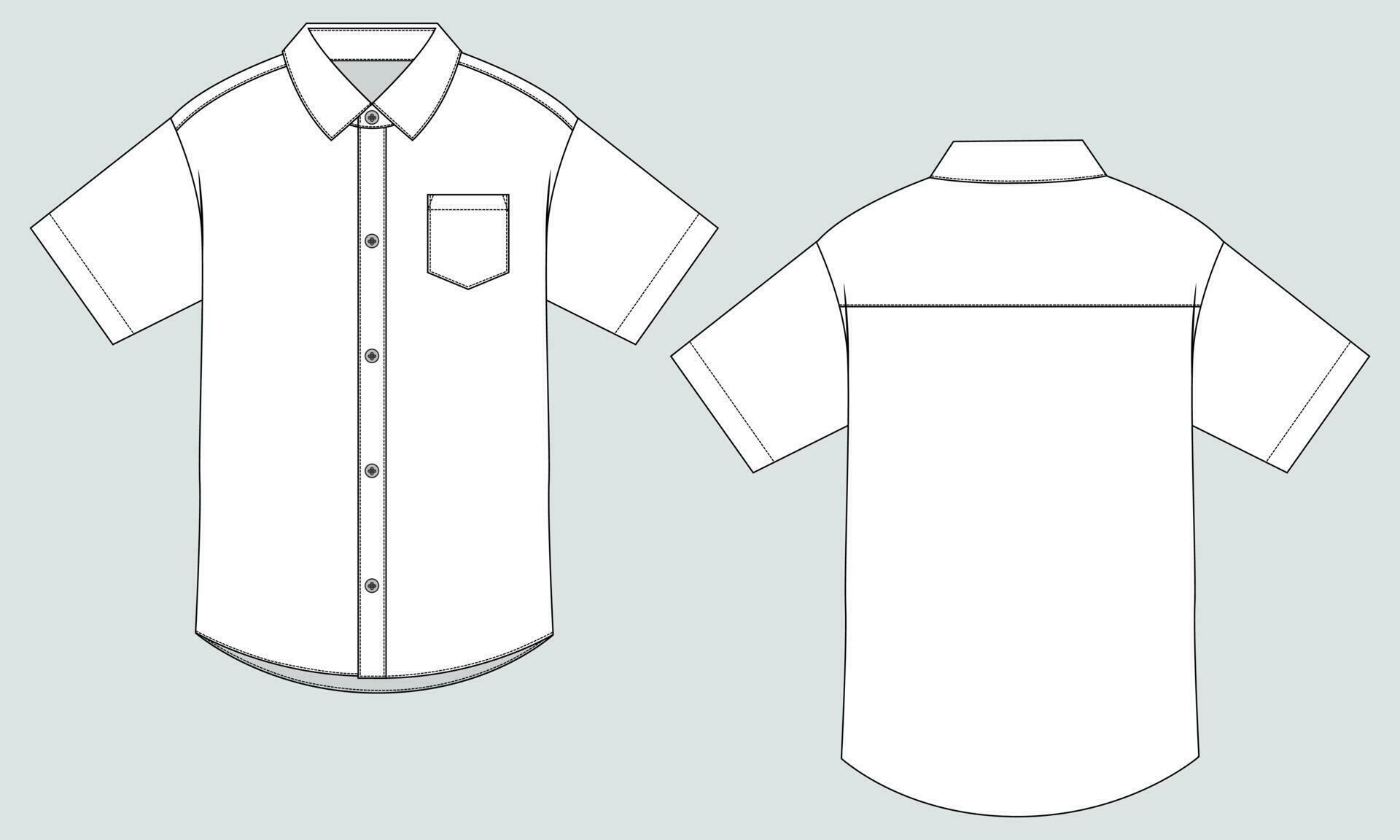 Short sleeve woven fabric shirt technical drawing fashion flat sketch ...