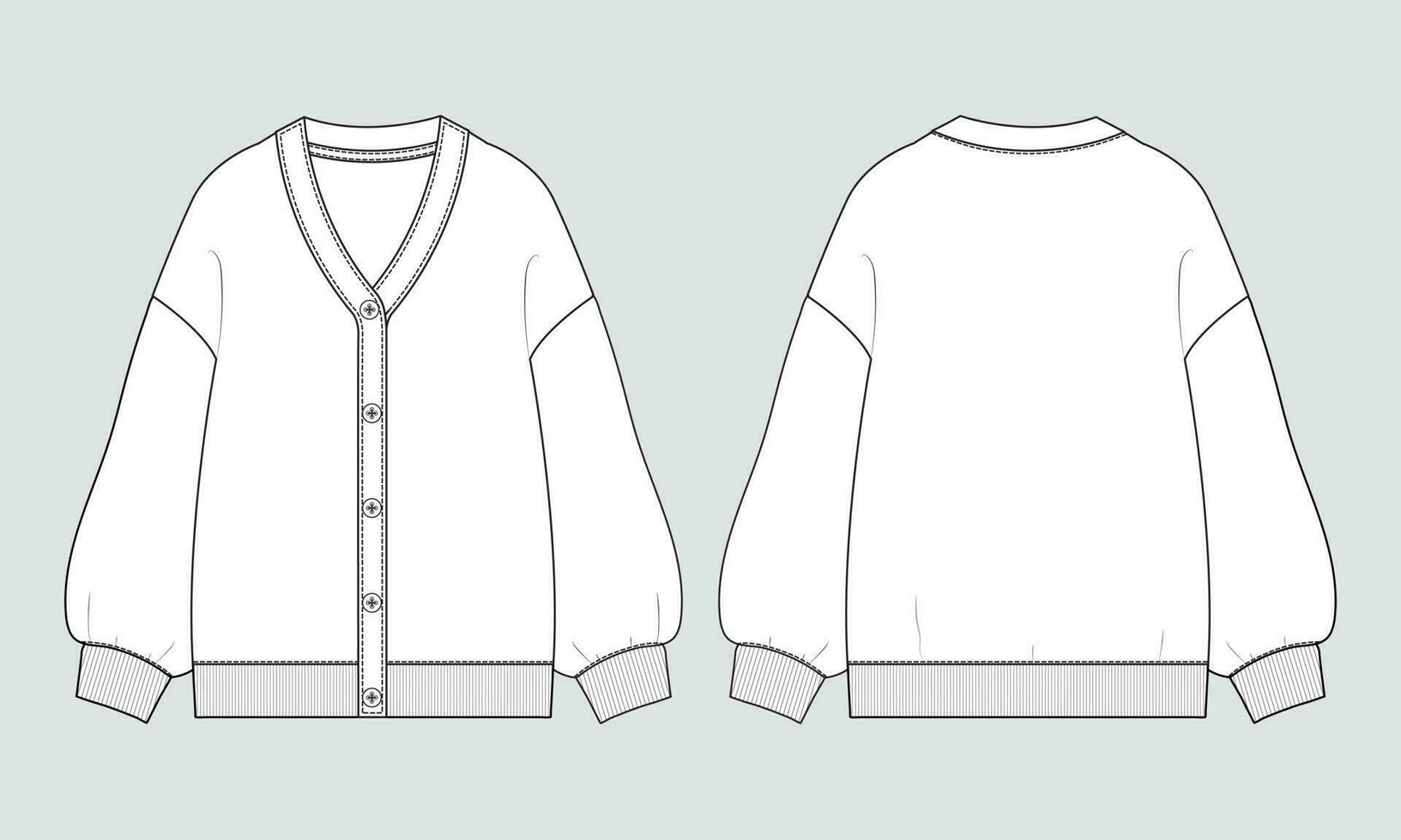 Cardigan Technical drawing fashion flat sketch vector illustration template front and back views isolated on white background