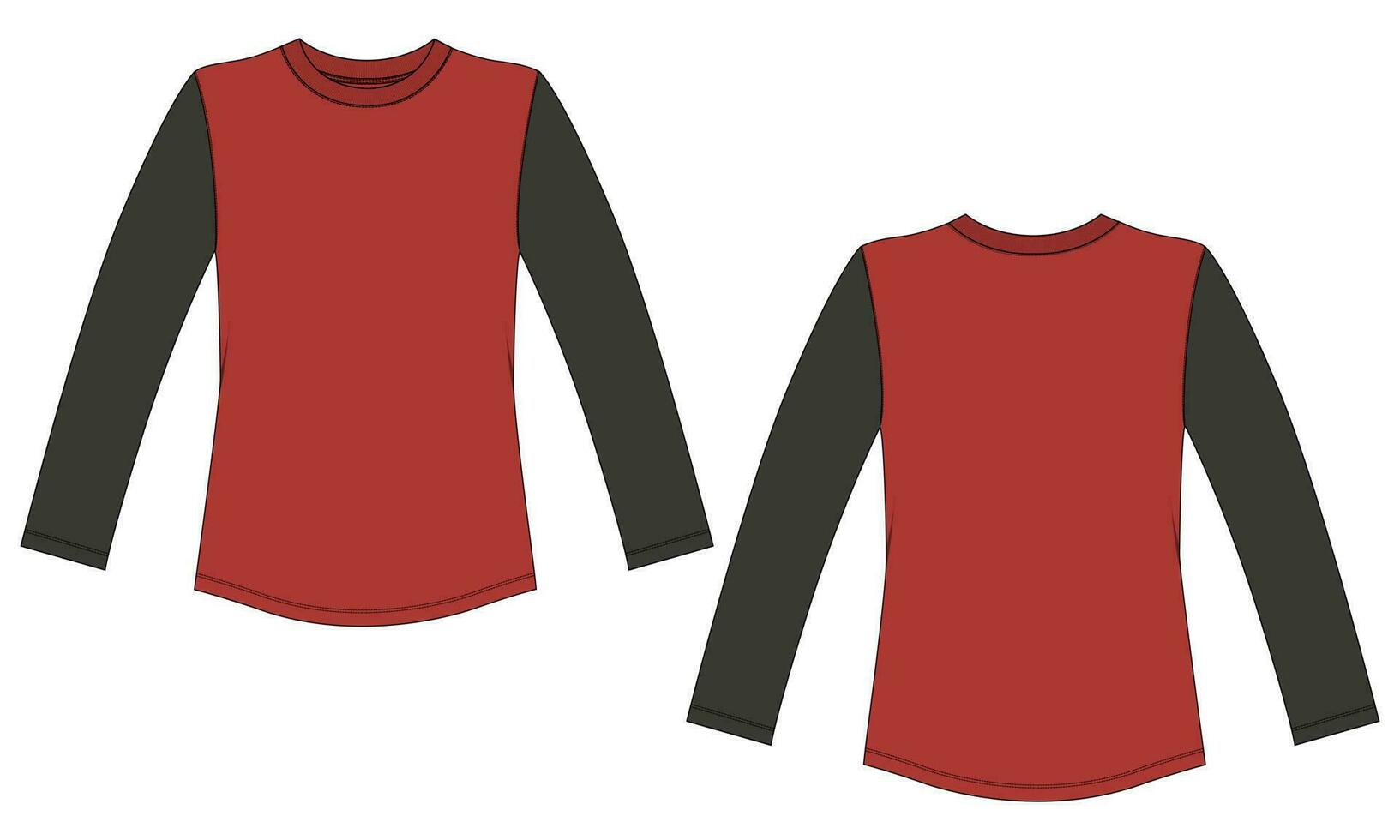 Two tone Color Long sleeve T shirt technical drawing fashion flat sketch vector illustration template for ladies.