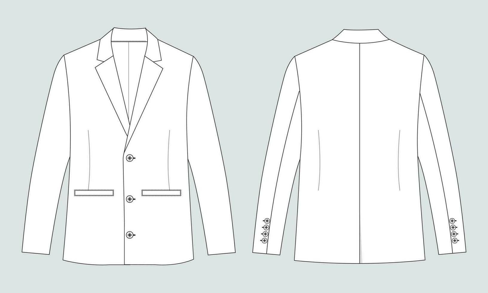 Long sleeve blazer suit technical drawing fashion flat sketch vector illustration template front and back views isolated on white background