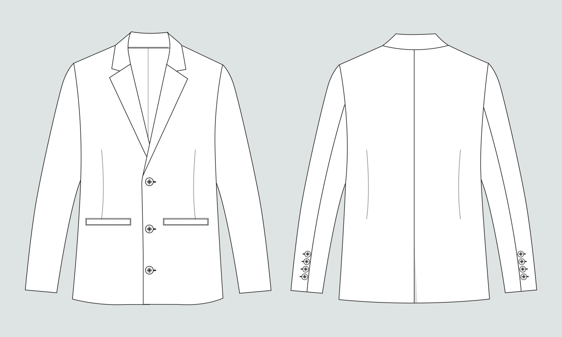 Long sleeve blazer suit technical drawing fashion flat sketch vector ...