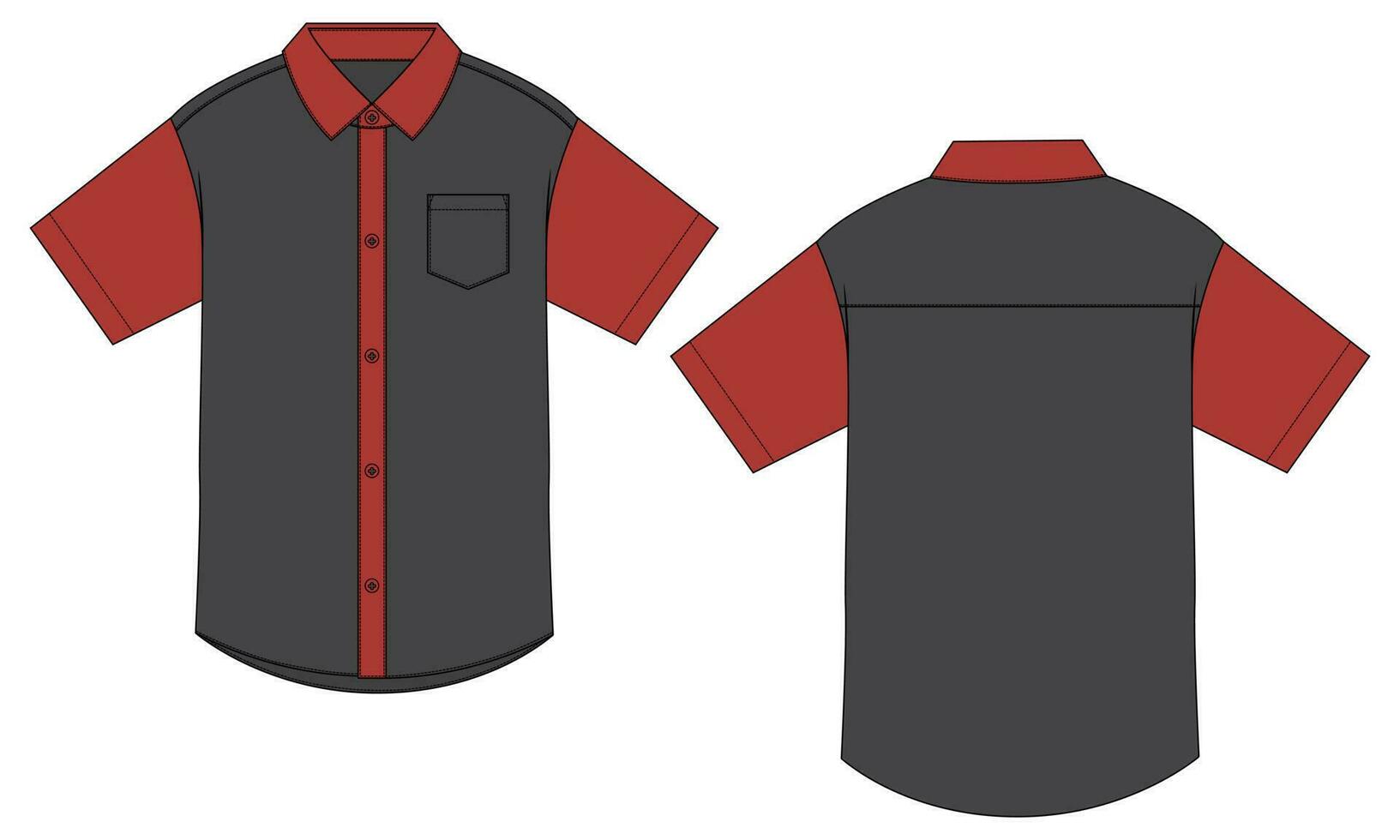 dos tono color corto manga tejido tela camisa técnico dibujo Moda plano bosquejo vector ilustración modelo frente y espalda