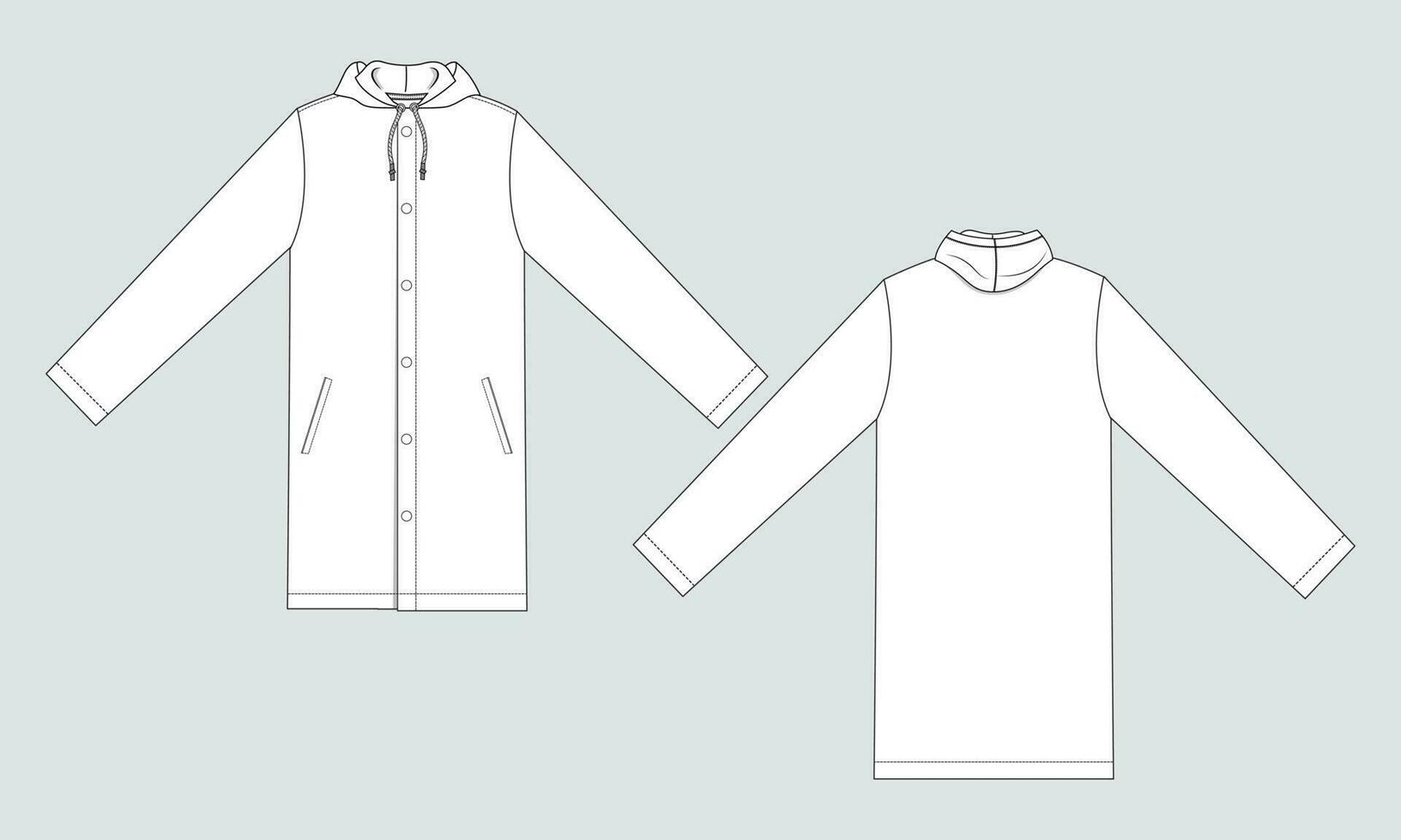 largo manga capucha Saco técnico dibujo Moda plano bosquejo vector ilustración modelo frente y atrás.
