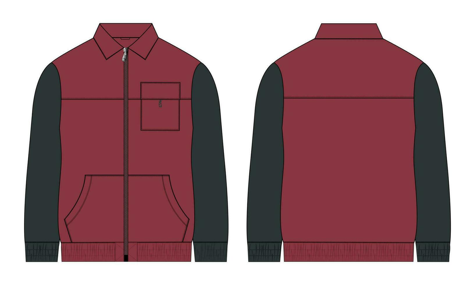 dos tono color largo manga chaqueta con bolsillo y cremallera técnico Moda plano bosquejo vector ilustración modelo frente y espalda puntos de vista