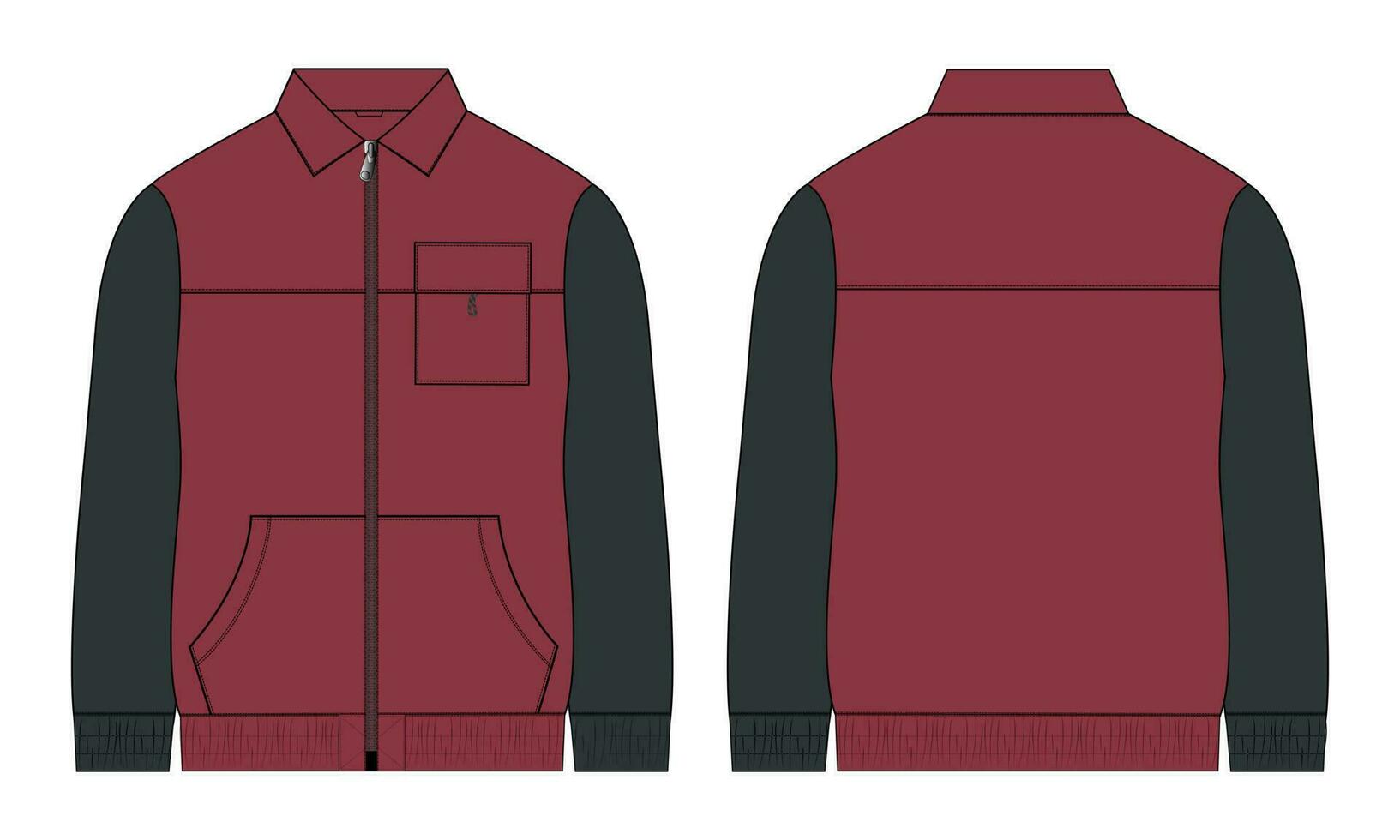 Two tone color Long sleeve jacket with pocket and zipper technical fashion flat sketch vector illustration template front and back views