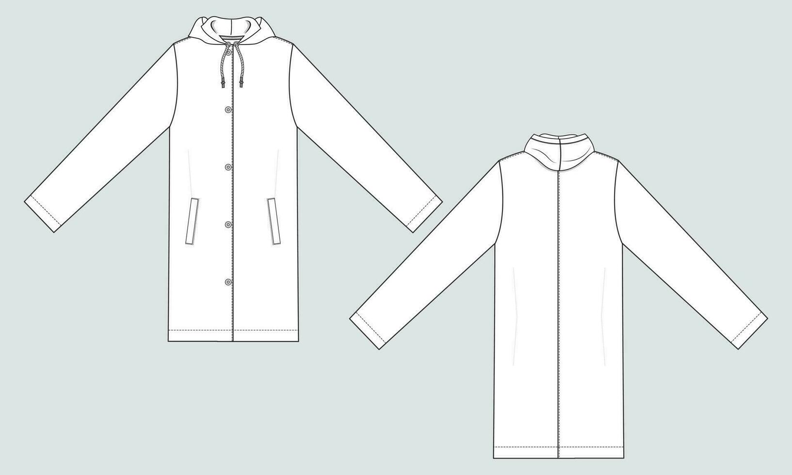 Long sleeve hoodie coat technical drawing fashion flat sketch vector illustration template front and back.