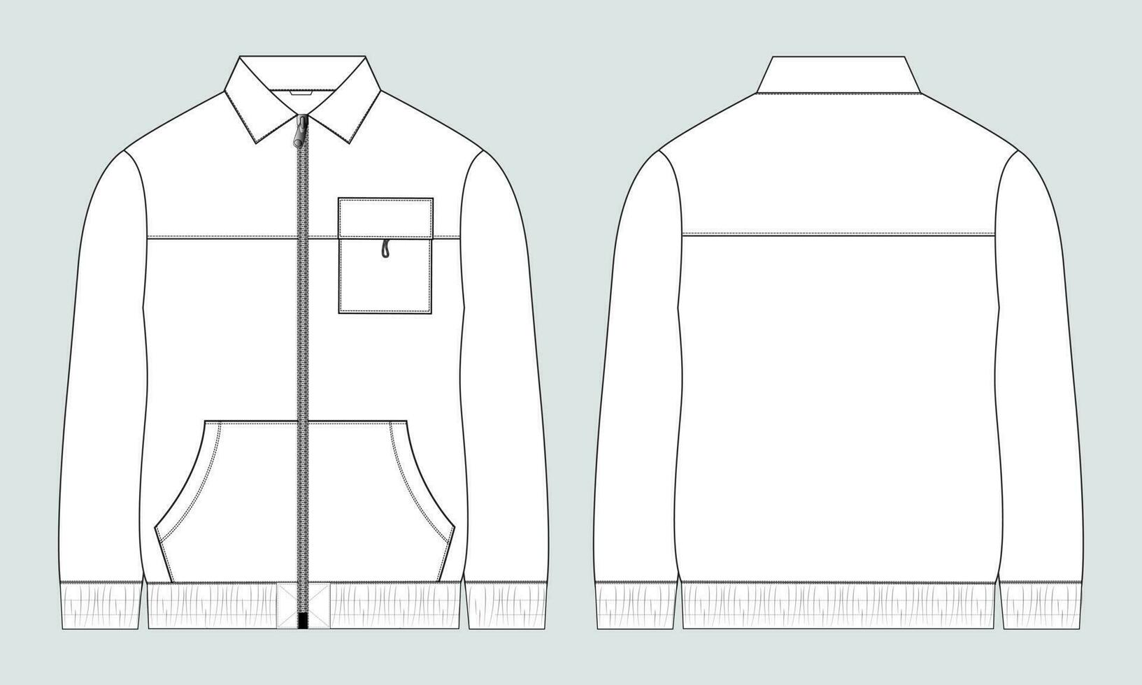 Long sleeve jacket with pocket and zipper technical fashion flat sketch vector illustration template front and back views.
