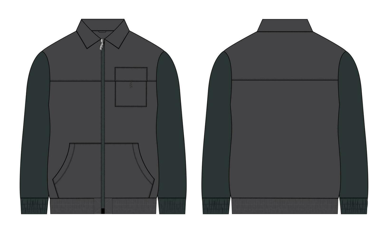 Two tone color Long sleeve jacket with pocket and zipper technical fashion flat sketch vector illustration template front and back views.