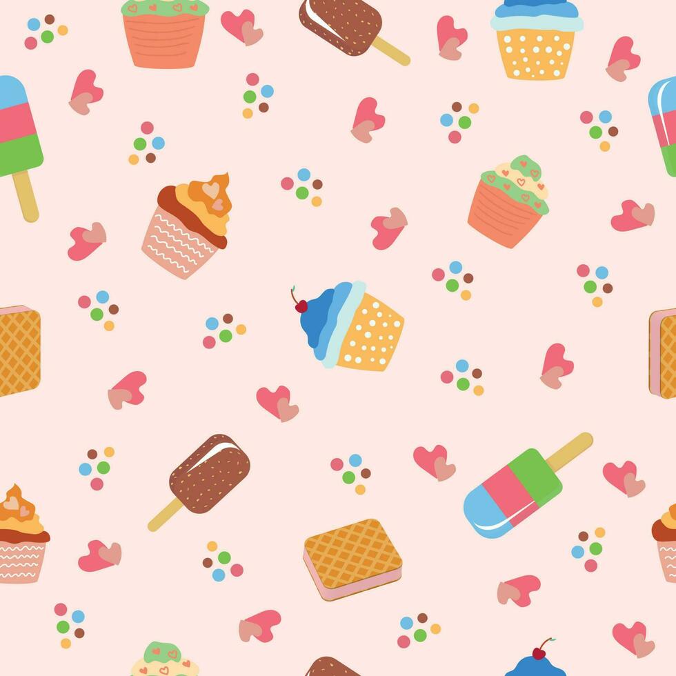 Seamless background with sweets - ice cream, cupcakes, candies. Design for tablecloth, packaging, wallpaper, cover. vector