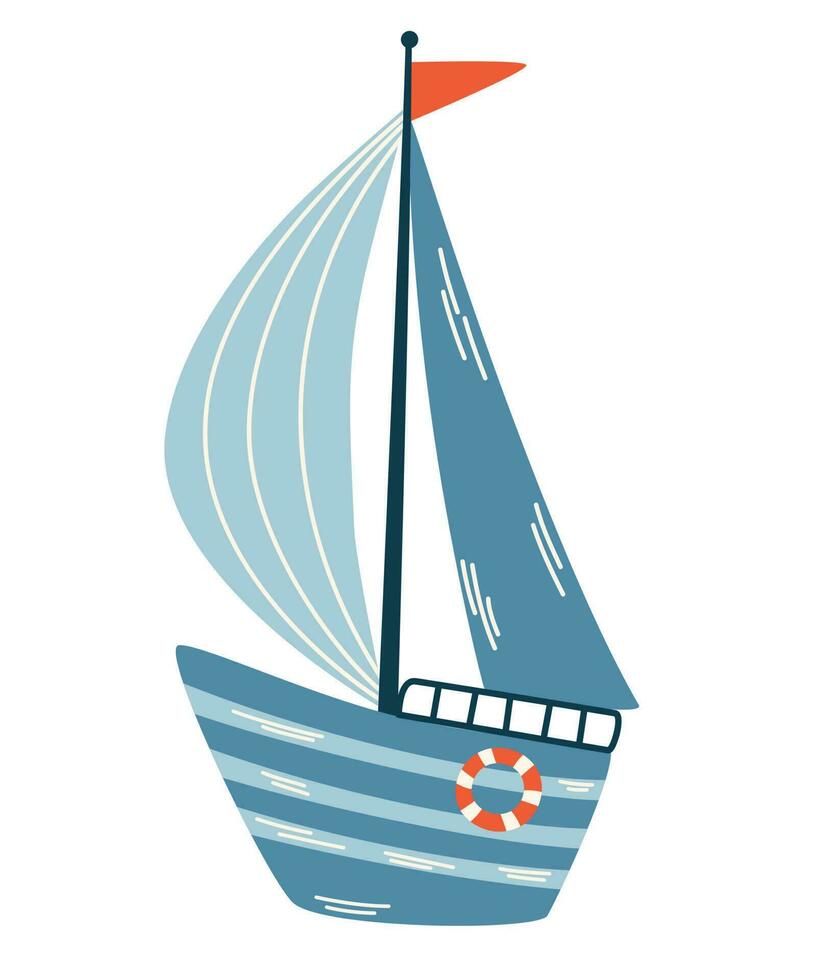 Cartoon boat. Sailing vessel, sea mode of transport. Ideal for postcards, posters for children, room decoration and printing. Vector hand draw illustration isolated on the white background.