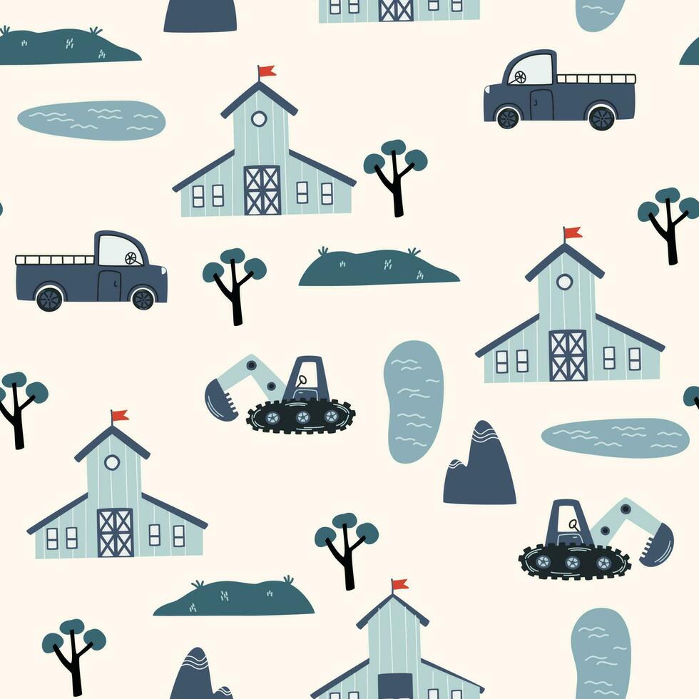 granja sin costura modelo. antecedentes con casas, tractores, árboles, montañas y lagos Perfecto para niños textura para tela, envase, textil, fondo de pantalla, vestir. vector ilustración