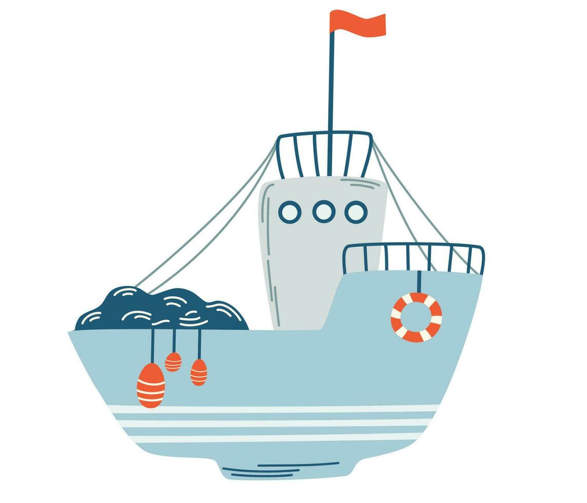 Fishing boat. Sailing vessel, sea mode of transport. Children's illustration for design of children's rooms, clothing, textiles. Vector hand draw illustration isolated on the white background.