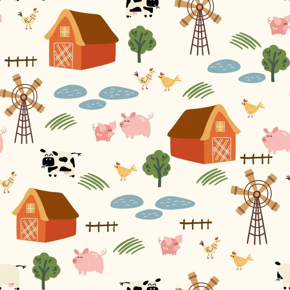 Farm Seamless childish pattern with farm house, pigs, tree and windmill. Creative kids texture for fabric, wrapping, textile, wallpaper, apparel. Vector illustration