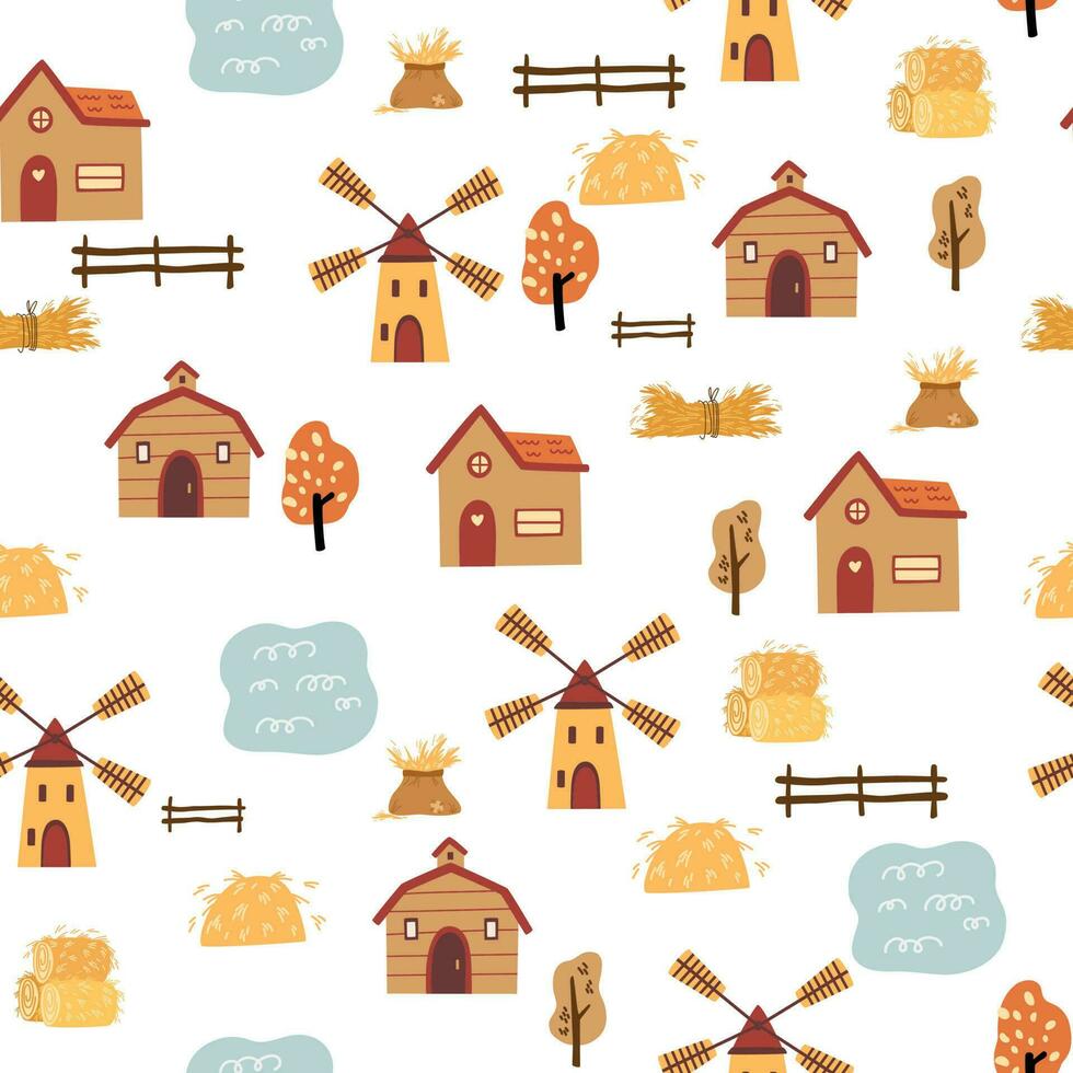 rural paisaje sin costura modelo. granja antecedentes con casas, molino, arboles y cosecha. creativo niños textura para tela, envase, textil, fondo de pantalla, vestir. vector ilustración