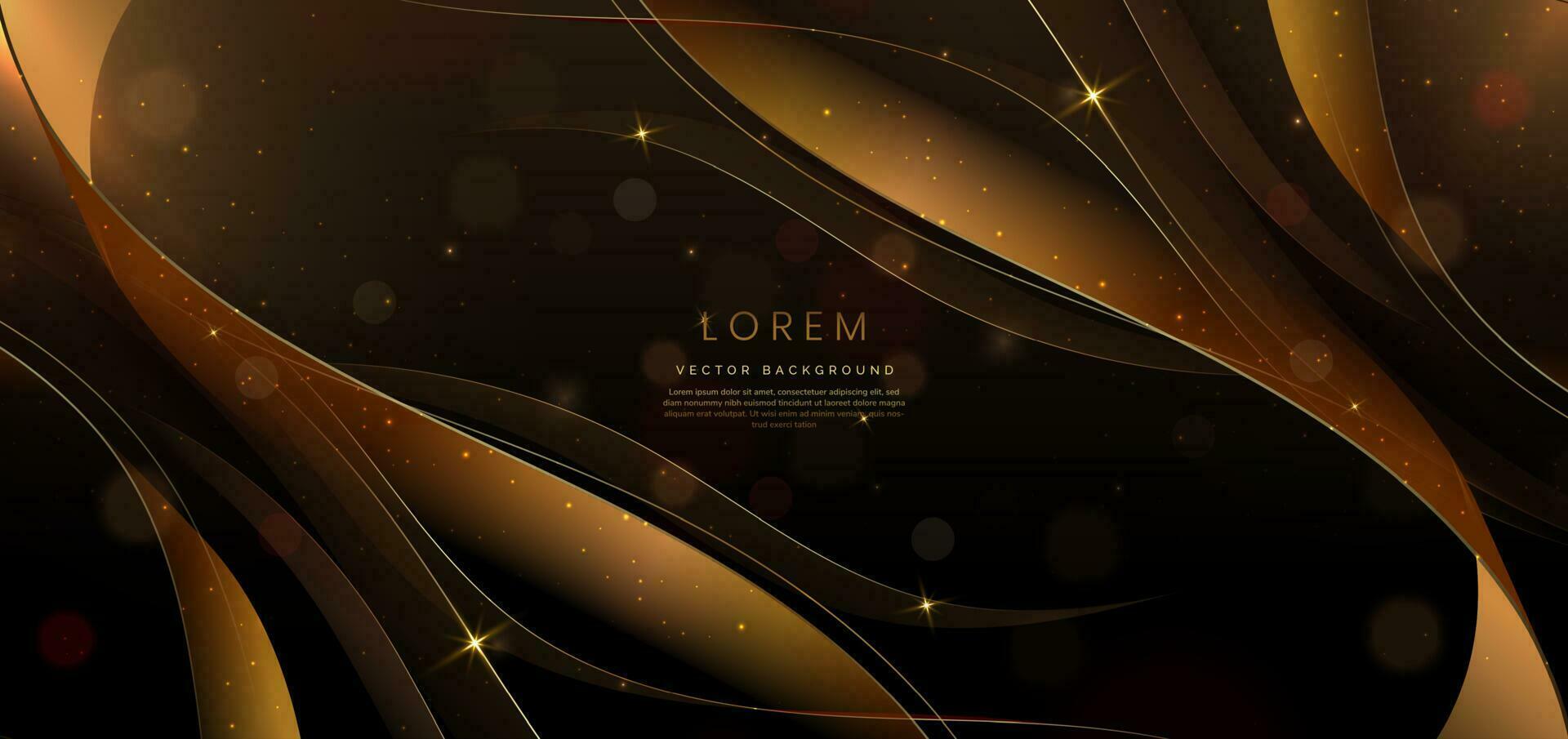 3D gold curved golden ribbon on dark brown background with lighting effect and sparkle with copy space for text. Luxury design style. vector