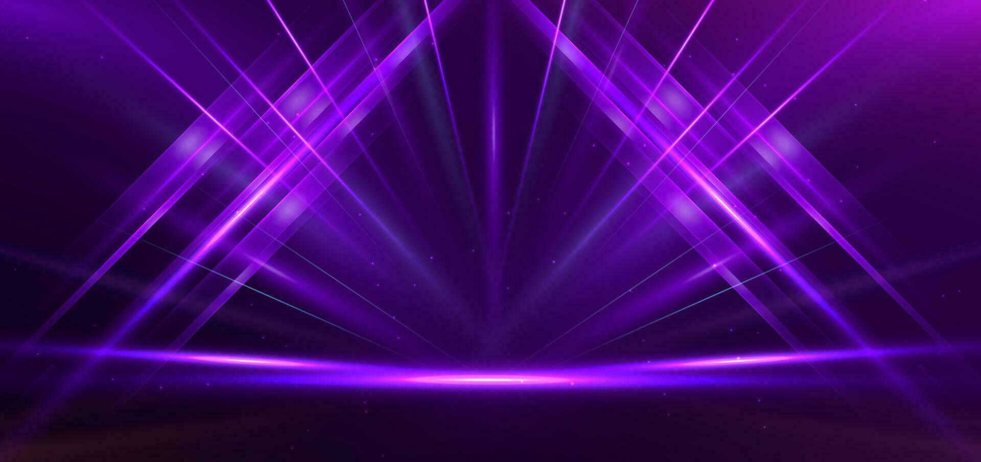 Empty stage glowing purple color light lines on dark purple background. vector