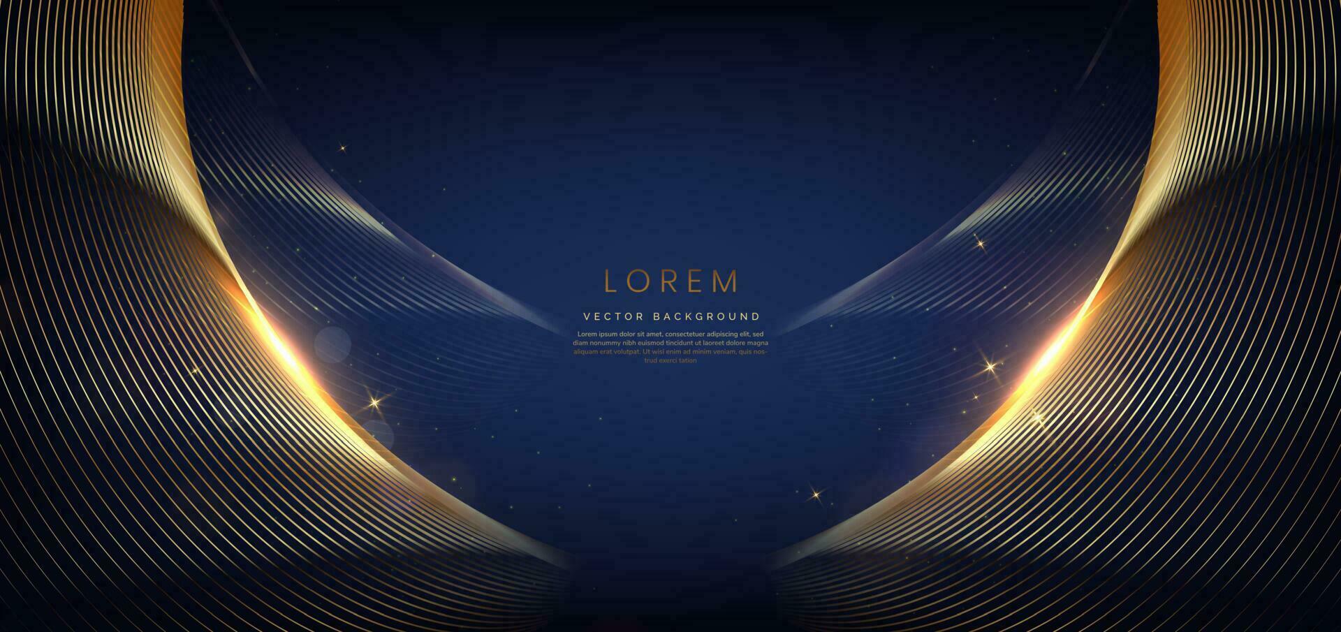 Abstract elegant dark blue background with golden curved line and lighting effect. Luxury template celebration award design. vector