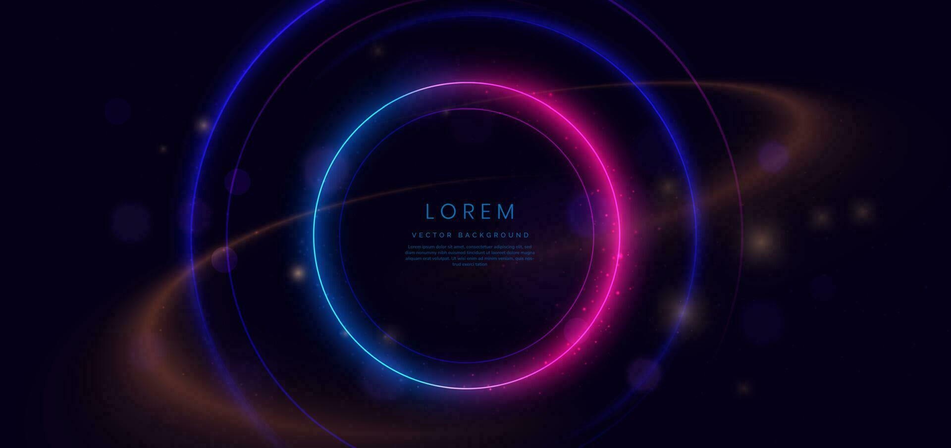 Abstract technology futuristic neon circle glowing blue and pink  light lines with speed motion blur effect on dark blue background. vector