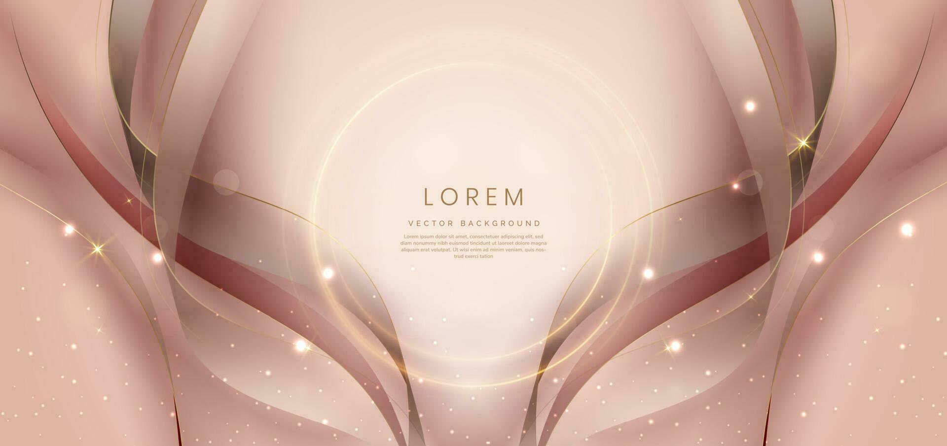 Abstract rose gold ribbon lighting curved on rose gold background with circle lighting effect and sparkle bokeh. Luxury design style. vector