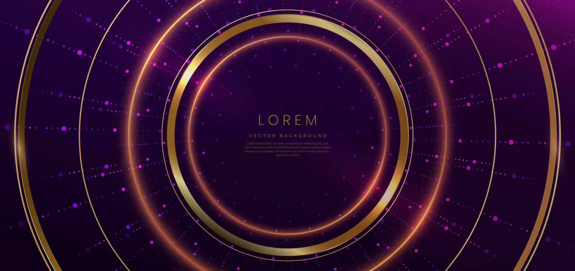 Abstract golden circle glowing with lighting effect on dark purple background and dot element. Template premium award design. vector