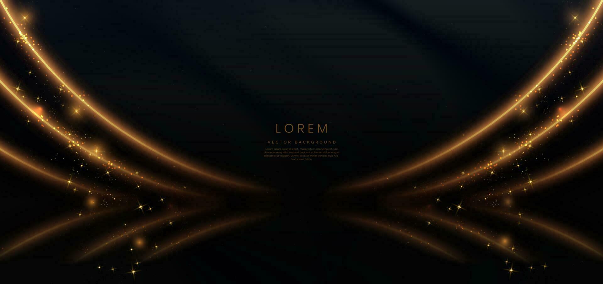 Abstract glowing gold curved lines on black background with lighting effect and sparkle with copy space for text. Luxury design style. vector