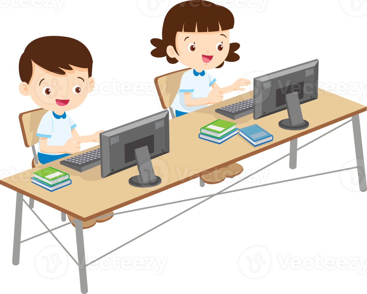 zurück zu Schule, glücklich Schüler Kinder Lernen Computer lesen Bücher Konzept png