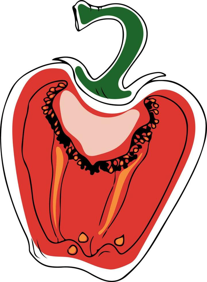 Vector single lineart style halved red bell pepper with stem isolated on white background