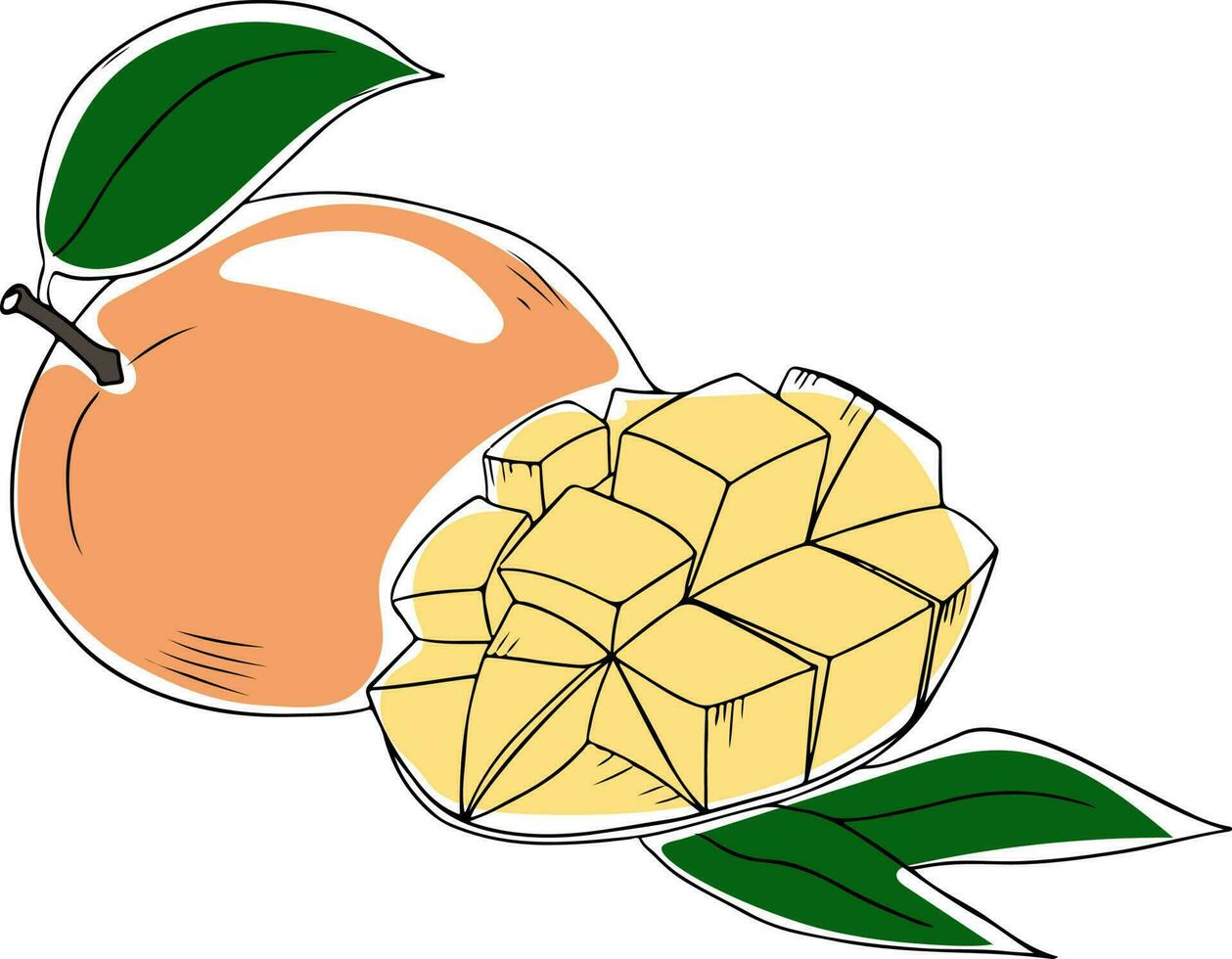 Lineart style vector single yellow mango with slices black outline on