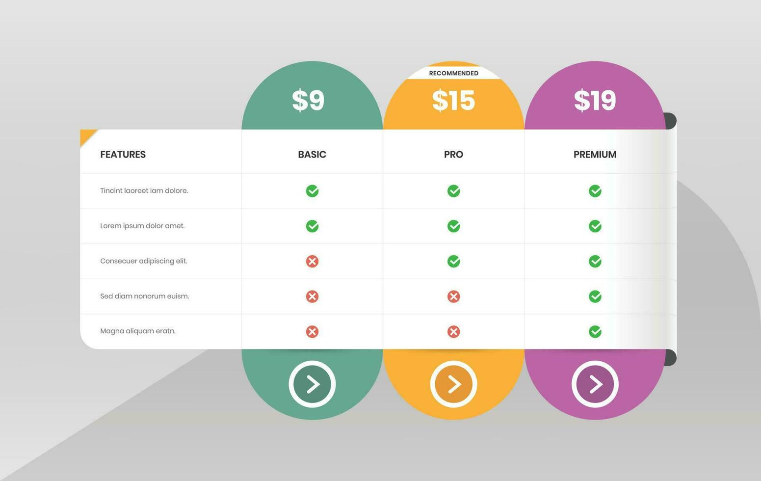 Modern pricing comparison table with check mark and abstract shape for web interface vector