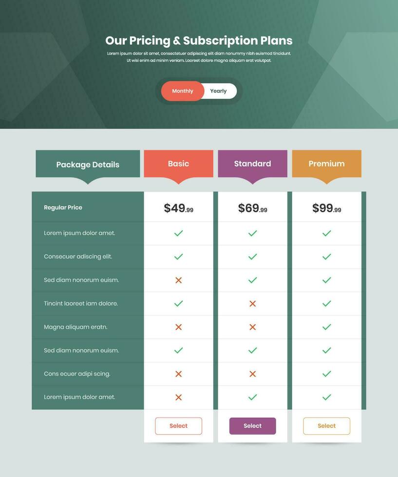 Business subscription pricing comparison table ui design vector