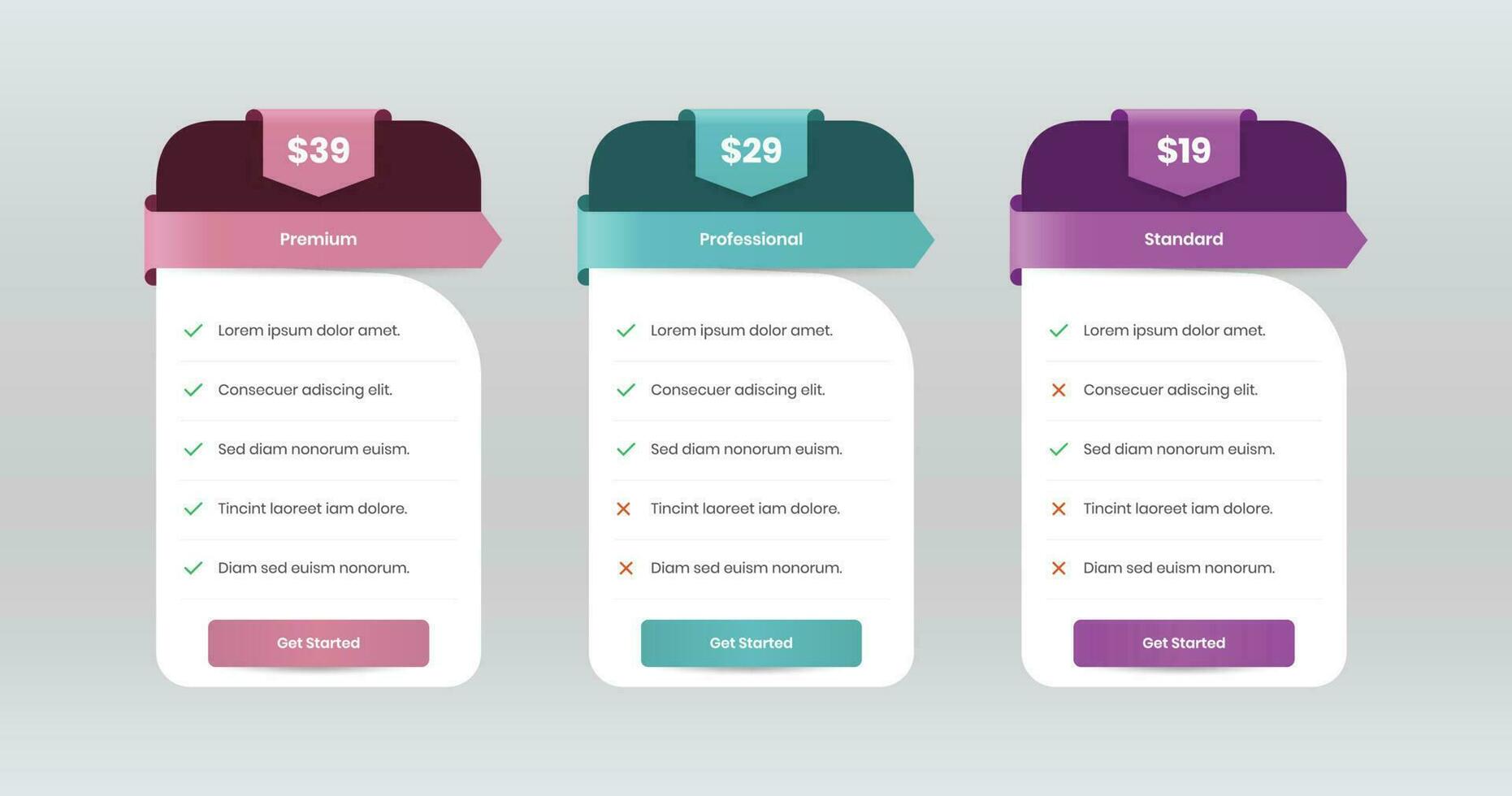 Subscription pricing comparison table design with abstract shape vector