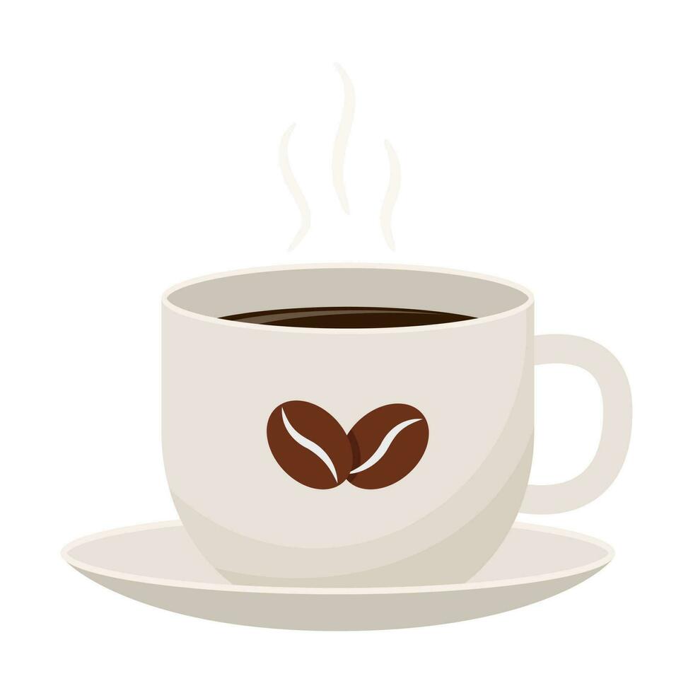 A cup of hot coffee on a saucer. An invigorating morning drink in a white mug with coffee beans on it. Flat cartoon style, isolated on a white background. Color vector illustration