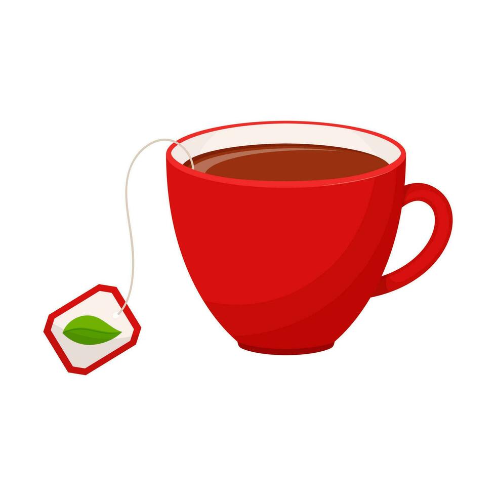 A cup of hot tea with a label from a teabag with a leaf on it. An invigorating drink in a red mug. Flat cartoon style, isolated on a white background.Color vector illustration